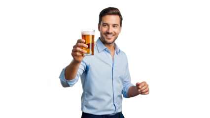 Man holding up a glass of beer with a smile against a black background