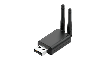 Black USB WiFi Adapter with Dual Antennas Isolated on a Plain White Background Showing a Sleek Modern Design with a Metallic Finish and Clear Port Detail for Connectivity and Networking Solutions