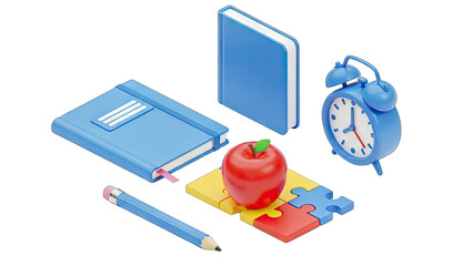Blue School Supplies Including Books Pencil Apple and Alarm Clock Arranged Together on a Transparent Background