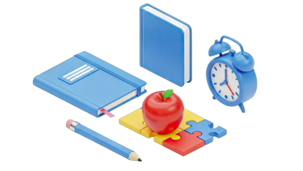 Blue School Supplies Including Books Pencil Apple and Alarm Clock Arranged Together on a Transparent Background