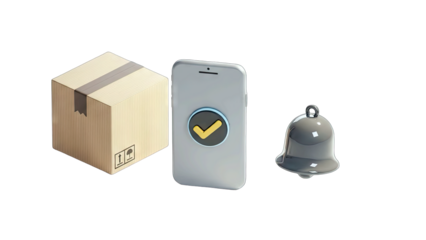 Cardboard Delivery Package Next To A Silver Smartphone Displaying A Confirmed Check Mark Notification Beside A Silver Bell On A Clean White Studio Background With Soft Lighting