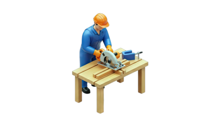 Carpenter Wearing Hard Hat and Blue Overalls Cuts Wood Planks on a Workbench Using a Circular Saw in a Workshop with a Transparent Background