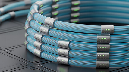 Blue Fiber Optic Cables with Active Connectors in High-Tech Data Center Infrastructure