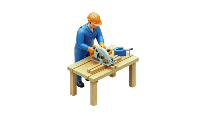 Carpenter Wearing Hard Hat and Blue Overalls Cuts Wood Planks on a Workbench Using a Circular Saw in a Workshop with a Transparent Background - Powered by Adobe