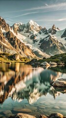 Fototapeta premium Majestic mountains at sunrise with Lac Blanc reflecting perfectly in Chamonix's calm waters