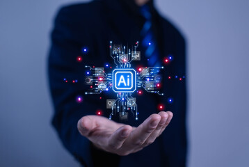 Glowing AI interface icon for business professionals with futuristic digital elements, representing innovation, machine learning, technology solutions, automation, modern data applications.  