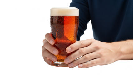 Man holding a tall glass of amber ale beer with foamy head