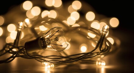 Warm string lights glow, illuminating a broken bulb indoors at night