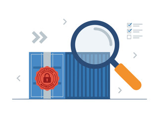 Magnifying glass inspecting a secure shipping container for quality control.