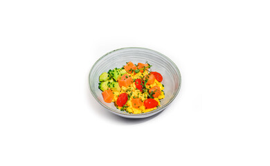 Scrambled Eggs with Smoked Salmon, Avocado, and Cherry Tomatoes in a Ceramic Bowl