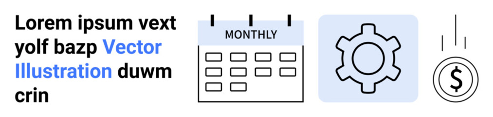 Monthly calendar, gear icon symbolizing process, and falling dollar coin. Ideal for finance, planning, automation, savings, budgeting, operations or a simple landing page