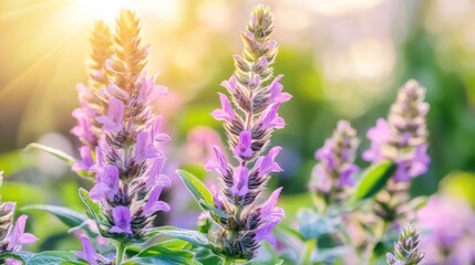 Fototapeta premium Close-up view of purple hyssop flowers under the sunlight in a meadow