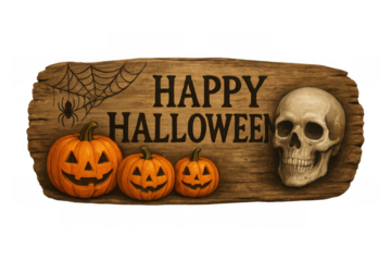 Happy halloween wood sign featuring carved pumpkins, spider, web, and skull for holiday celebration on transparent background