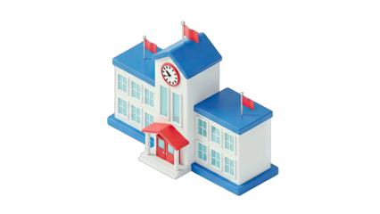 Charming 3D Illustration of a Blue Roofed School Building with Red Flags and Clock on a Clean White Background Ideal for Educational Concepts