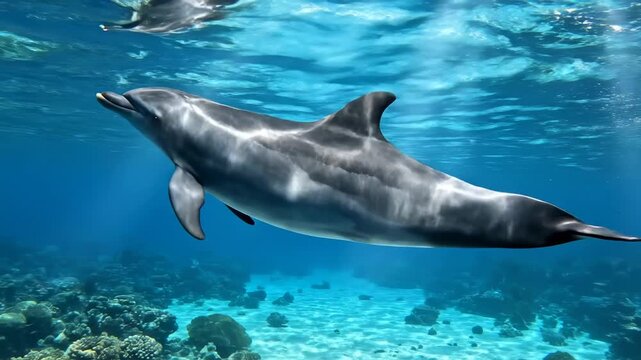 Bottlenose dolphin swimming in the wild blue ocean water