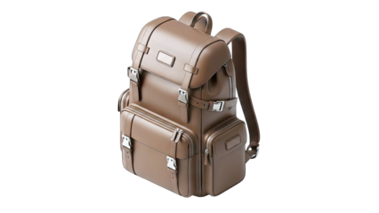 Classic Brown Leather Backpack with Silver Buckles and Multiple Pockets Ideal for Travel and Outdoor Adventures on a Transparent Background