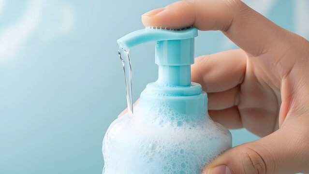 Hand Pumping Foaming Soap from a Blue Dispenser