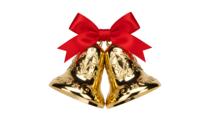 Golden Christmas Bells with Red Ribbon Isolated on transparent Background