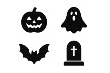 Halloween spooky icons set featuring pumpkin, ghost, bat, and tombstone for holiday and celebration concepts. Transparent background