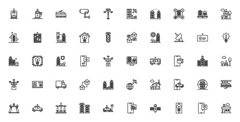 Smart city icon set. Modern vector icons pack. Featuing train, charger, CCTV, treet light, building, Wi-i, drone, traffic light, stellite, smart home and moe. Editable stroke.