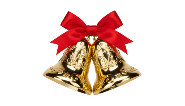 Golden Christmas Bells with Red Ribbon Isolated on transparent Background