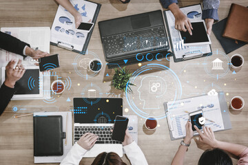 An advanced AI system for business and financial analysis. A futuristic interface for commanding an AI to process data from various domains. Motif