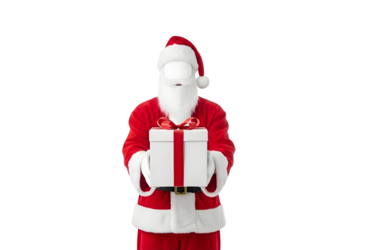 Santa claus holding a gift box isolated on transparent background, christmas concept - Powered by Adobe