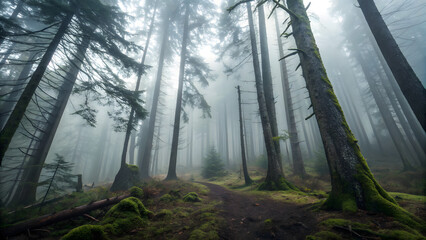 Spooky yet beautiful foggy forest in Oregon, wide shot.