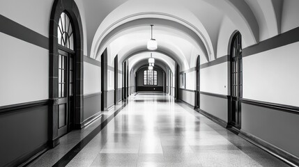 Obraz premium Elegant monochrome perspective view of a long, arched architectural hallway