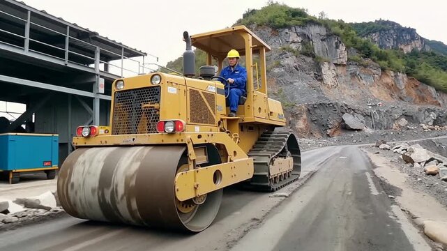 Road Roller Compacting Asphalt on a New Road Construction Site.