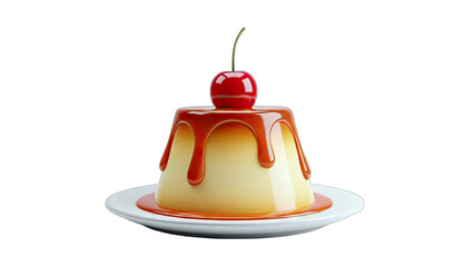 Delicious Caramel Pudding Topped with a Fresh Cherry and Drizzled with Rich Caramel Sauce on a White Plate Isolated on a Black Background