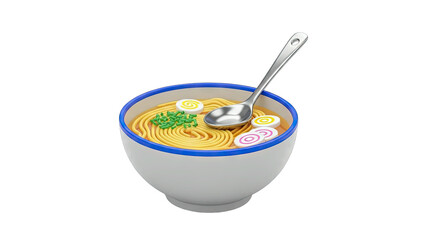 Delicious Ramen Noodle Soup with Sliced Fish Cake Boiled Egg and Green Onions in a White Bowl with Blue Trim and a Spoon Against a Transparent Background Detailed Food Illustration