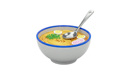 Delicious Ramen Noodle Soup with Sliced Fish Cake Boiled Egg and Green Onions in a White Bowl with Blue Trim and a Spoon Against a Transparent Background Detailed Food Illustration