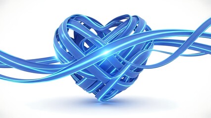 Abstract glowing blue ribbon heart shape intertwined with flowing light streams isolated on white background