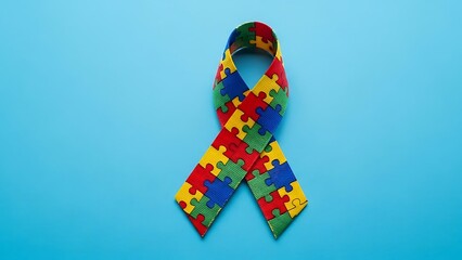 Colorful puzzle piece ribbon symbolizing autism awareness against a bright blue background