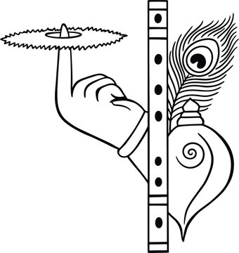 krishna symbols chakra flute vector hindu divine instrument weapons peacock feather icon outline
