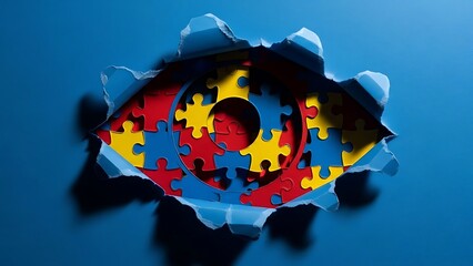 An eye shape revealing a colorful puzzle piece pattern underneath a blue surface