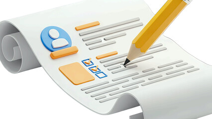 Detailed View of a Yellow Pencil Writing on a Rolled White Resume Document with a Blue Profile Icon and Checkboxes on a Transparent Background Representing Job Application Success
