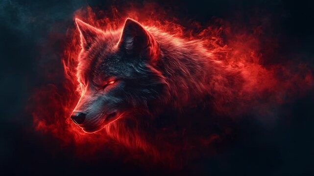 Fiery Wolf Emerges from Dark Background, Intense Glow