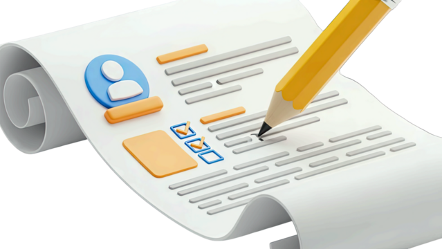Detailed View of a Yellow Pencil Writing on a Rolled White Resume Document with a Blue Profile Icon and Checkboxes on a Transparent Background Representing Job Application Success
