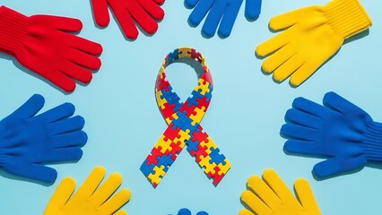 Colorful puzzle ribbon symbolizing autism awareness surrounded by red, blue, and yellow gloves