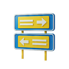 Directional Road Sign with Yellow Signs Indicating Left and Right Choices on a Transparent Background with Blue Borders and White Arrows