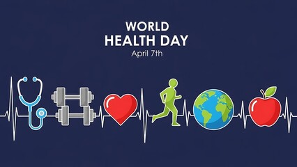 World health day celebration graphic featuring health icons on a dark blue background