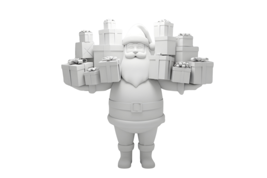 Santa claus carrying many gifts isolated on transparent background, christmas concept