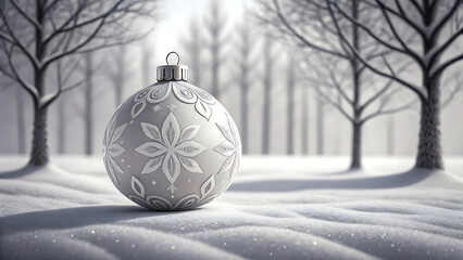 Ornament on snowy ground with wintry trees background in black and white style