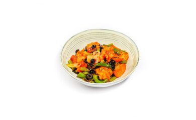 Vibrant Sweet and Sour Chicken with Bell Peppers, Olives, and Sesame Seeds in a Ceramic Bowl