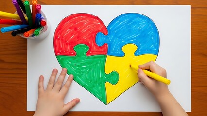 Child coloring a large heart made of four puzzle pieces for autism awareness