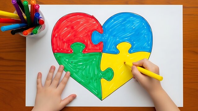 Child coloring a large heart made of four puzzle pieces for autism awareness