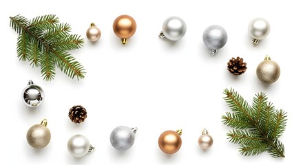 Christmas decoration with fir branches, pine cones, and silver and gold ornaments arranged on a white background.
