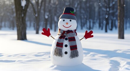 A cheerful snowman stands in a snowy landscape, adorned with a scarf, hat, and mittens.